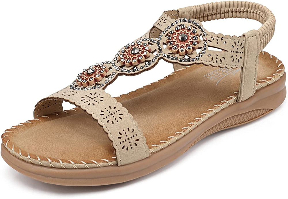 Size 11.5 (EU 44) Sandals for Women, Bohemian Flat Rhinestone Comfortable Beaded